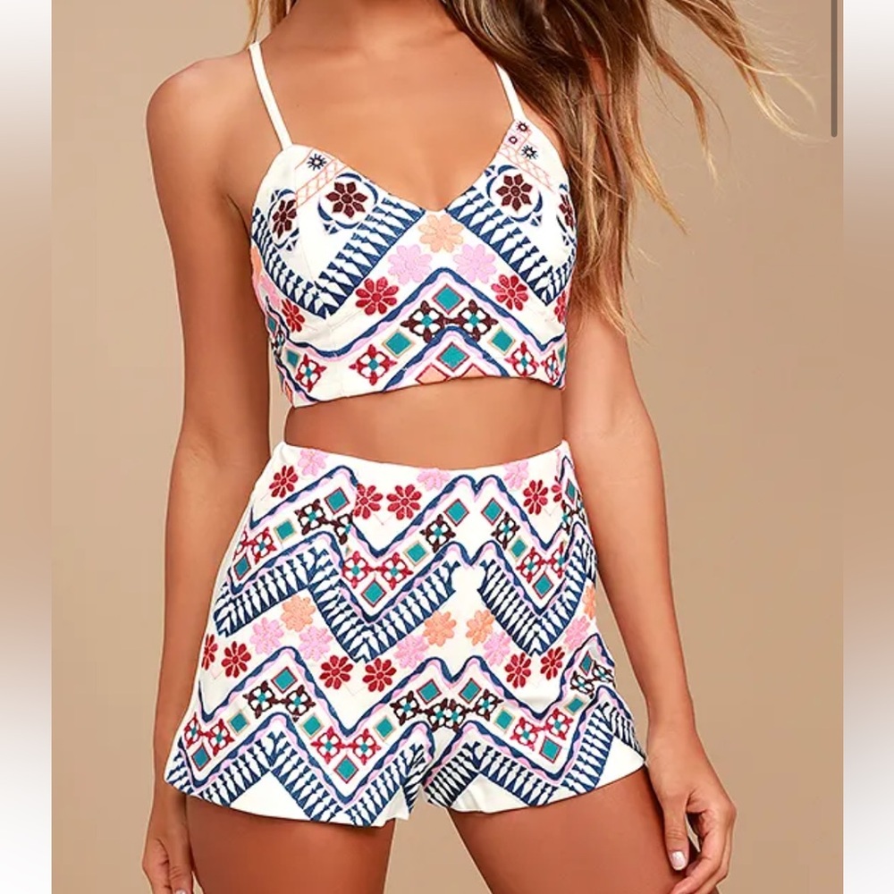Lulus Rhythm is Gonna Get You Embroidered White Two-Piece Set